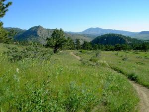 A scenic view of a grassy path winding through a lush meadow, surrounded by rolling hills and mountains under a clear blue sky. Hall Ranch mountain bike trail.