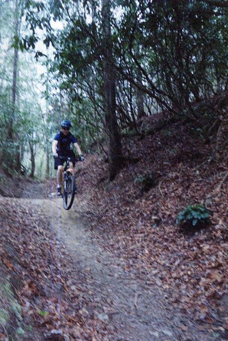A mountain biker is navigating a dirt trail surrounded by trees and fallen leaves, showcasing action as they ride uphill on a rugged path. The scene captures the natural setting and the excitement of outdoor cycling. Sycamore Cove mountain bike trail.