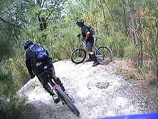 Two mountain bikers navigating a dirt trail surrounded by greenery. One rider is in motion, leaning into a turn, while the other is stopped and adjusting their bike. Oleta River State Park mountain bike trail.