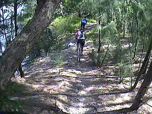Two mountain bikers riding along a narrow dirt path beside a body of water, surrounded by trees and greenery. Quiet Waters Park mountain bike trail.