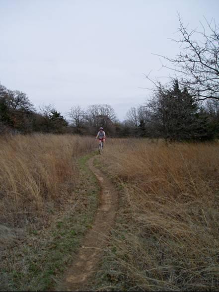A person riding a mountain bike on a winding dirt trail through a field of tall grass and sparse trees, with a cloudy sky overhead. McMurtry Trail mountain bike trail.