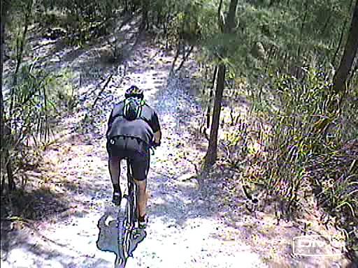 A person riding a mountain bike down a dirt trail surrounded by trees and foliage. The cyclist is wearing a helmet and cycling gear, navigating a sunny outdoor path. Oleta River State Park mountain bike trail.