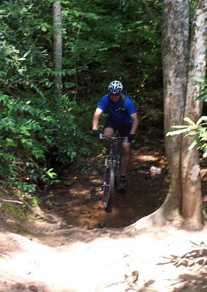 A person wearing a blue jersey and a black helmet is riding a mountain bike along a narrow trail in a forest, with trees and greenery surrounding the area. The path is sandy and includes a small stream of water. Tsali Left Loop mountain bike trail.