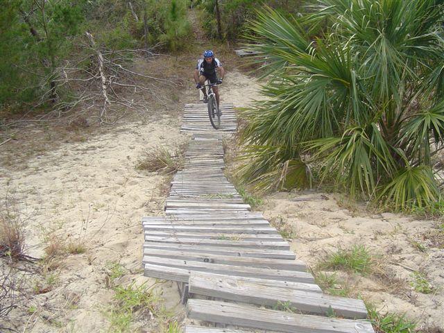 A mountain biker riding down a wooden path surrounded by sandy terrain and greenery, with a palm-like plant on one side and sparse bushes in the background. Jonathan Dickinson State Park mountain bike trail.