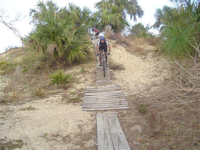 A mountain biker navigating a wooden plank bridge on a sandy path surrounded by palm trees and brush in a natural outdoor setting. Jonathan Dickinson State Park mountain bike trail.