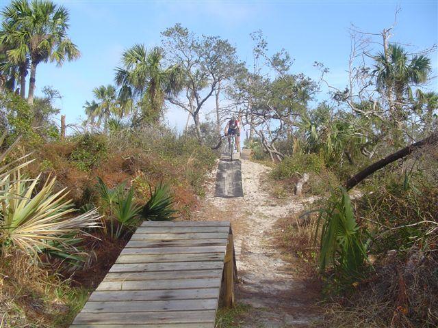 A narrow wooden pathway leads through a natural landscape featuring palm trees and other vegetation. A person is seen riding a bicycle along the path, which is bordered by sandy ground and dense foliage. The scene is bright and open, with a blue sky above and scattered clouds. Jonathan Dickinson State Park mountain bike trail.