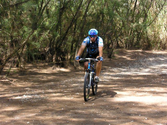 A person riding a mountain bike on a dirt path surrounded by greenery. The cyclist is wearing a blue helmet and an athletic outfit, focused on navigating the trail. Sunlight filters through the trees, creating a natural outdoor setting. Oleta River State Park mountain bike trail.