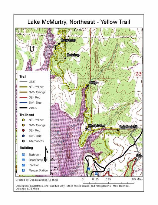 Map of the Northeast Yellow Trail at Lake McMurtry, showing various trail routes and features. Includes key for trail colors (Yellow, Orange, Red, Blue), trailheads, and buildings such as bathrooms, boat ramp, pavilion, and ranger station. The map notes the distance of the trail as 6.75 miles and includes annotations about terrain and climbing difficulty. McMurtry Trail mountain bike trail.