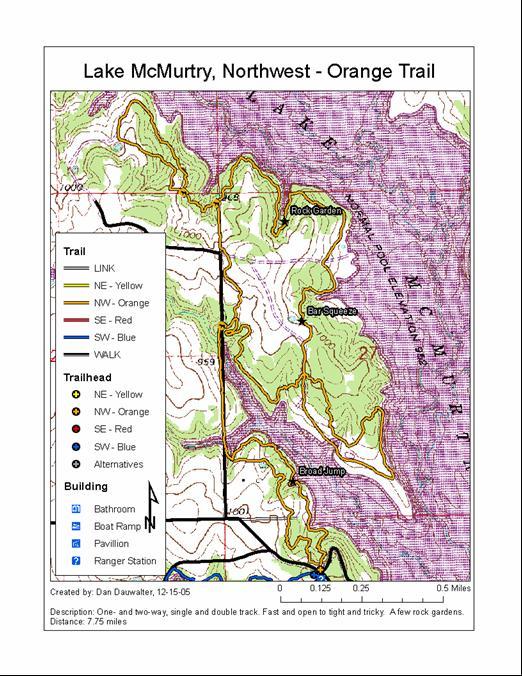 Map of Lake McMurtry, highlighting the Northwest Orange Trail. The map outlines various trails, including NE (Yellow), NW (Orange), SE (Red), and SW (Blue), along with marked trailheads and buildings such as bathrooms, a boat ramp, a pavilion, and a ranger station. The topographic features are illustrated, showing elevation changes and notable areas like the Rock Garden and Bar Squash. The scale indicates a distance of 7.75 miles. McMurtry Trail mountain bike trail.