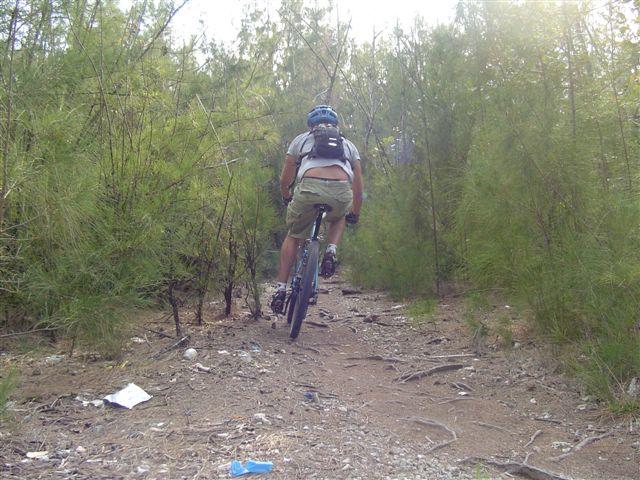 A person riding a mountain bike on a narrow dirt trail surrounded by tall green vegetation. The cyclist is wearing a helmet and backpack, with a view of the trail ahead. Oleta River State Park mountain bike trail.