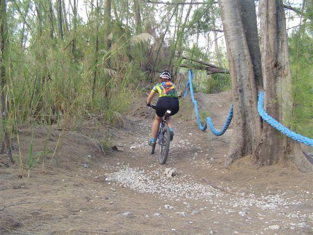 A cyclist riding a mountain bike along a gravel trail surrounded by trees and foliage. The path features a blue rope marking on the right side, leading through a natural, wooded area. Oleta River State Park mountain bike trail.