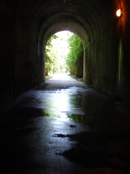 A view of an arched tunnel leading to a well-lit path surrounded by greenery. The interior of the tunnel is dark and wet, with reflections on the ground, while bright sunlight shines at the tunnel's exit, creating a contrast between light and shadow. Silver Comet Rail Trail mountain bike trail.