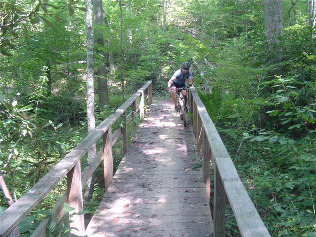 A mountain biker riding along a wooden bridge in a lush green forest, surrounded by trees and foliage. Leaves are scattered on the path, indicating a tranquil, natural setting. Tsali Thompson Loop mountain bike trail.
