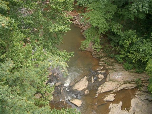 A scenic view of a narrow river winding through a lush, green forest, surrounded by rocks and other natural elements. The water appears to be shallow with ripples, reflecting the foliage above. Silver Comet Rail Trail mountain bike trail.