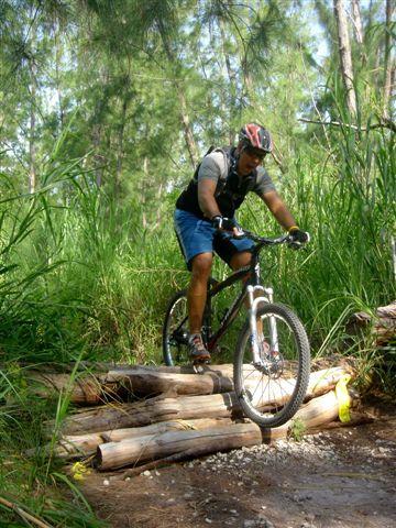 A person riding a mountain bike over a wooden obstacle in a lush green forest trail. The cyclist is wearing a helmet and casual biking attire, surrounded by tall grass and trees. Oleta River State Park mountain bike trail.
