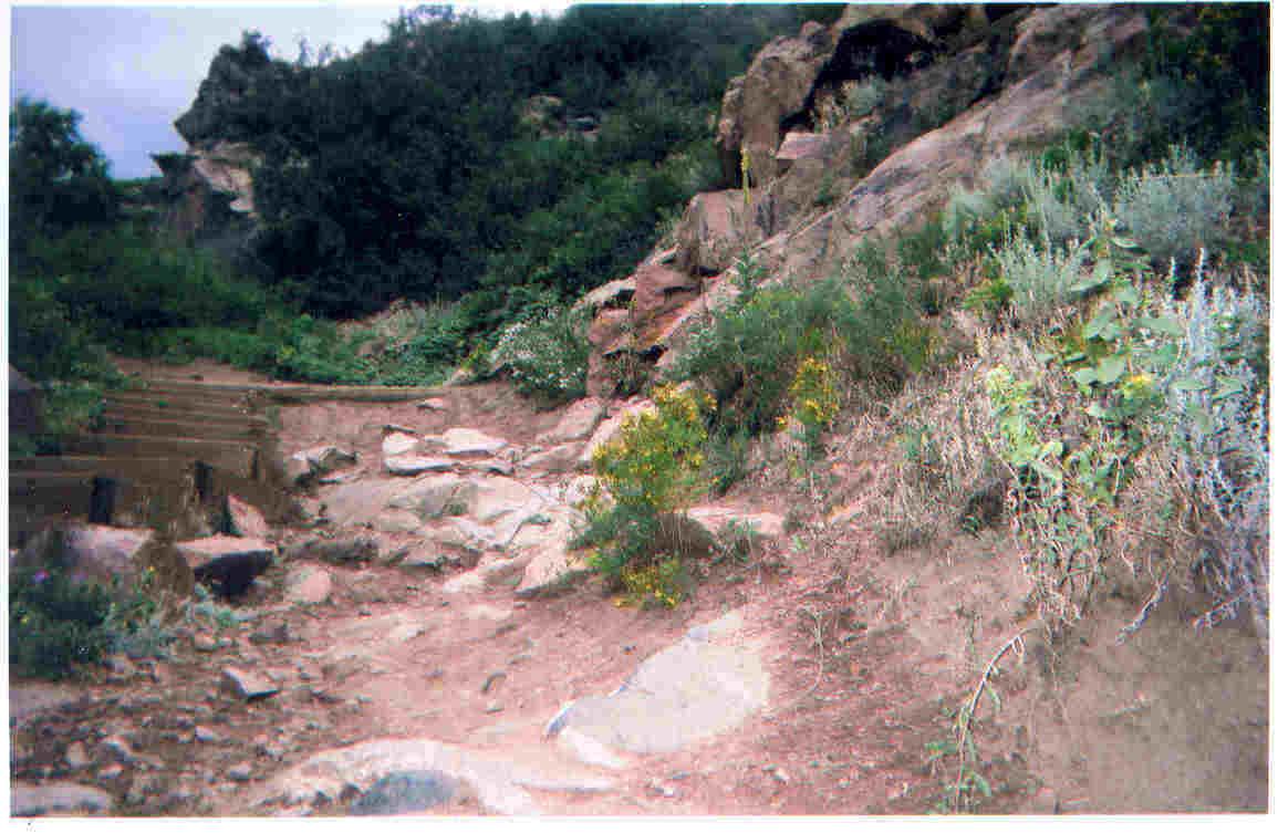 A rocky path leading through a natural landscape, surrounded by greenery and wildflowers. The terrain is uneven, with various sizes of stones scattered along the way, creating a rustic hiking trail. Deer Creek Canyon mountain bike trail.