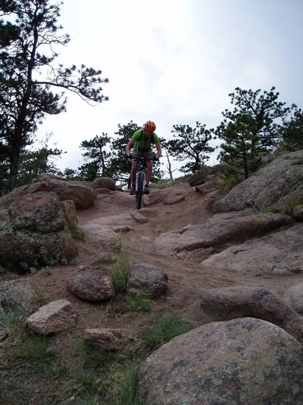 A mountain biker navigating a rocky trail surrounded by pine trees under a cloudy sky. The path features loose rocks and sand, highlighting a rugged outdoor setting. Hall Ranch mountain bike trail.