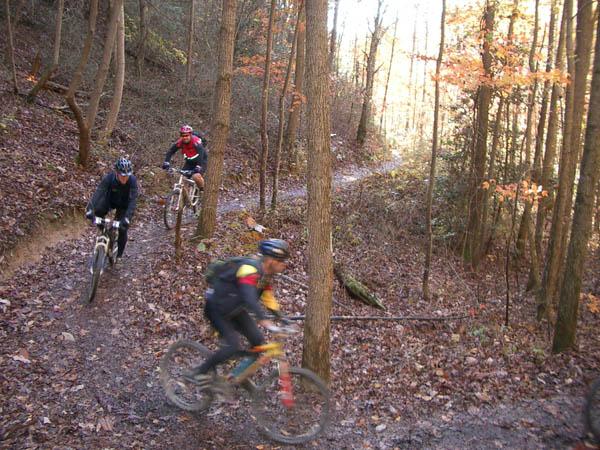 Three mountain bikers riding along a narrow, muddy trail in a wooded area during autumn. The ground is covered with fallen leaves, and the trees are lightly illuminated by sunlight filtering through the foliage. One biker is in motion, while the other two are seen navigating the path behind. Tanasi Trail System mountain bike trail.