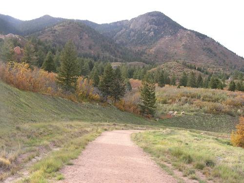 A scenic hiking trail winding through lush greenery, with rolling hills and mountains in the background. The landscape features a mix of trees, vibrant autumn foliage, and a gravel path leading into the distance. Blodgett mountain bike trail.