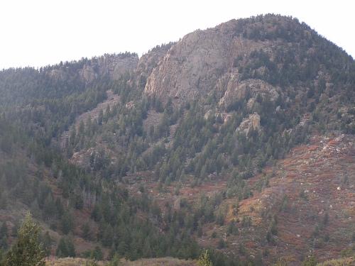 A scenic view of a mountainous landscape featuring rugged cliffs and a densely forested area at the base. The mountain is partially covered in greenery, showcasing a mix of trees and rocky terrain. The sky is overcast, adding a moody atmosphere to the natural setting. Blodgett mountain bike trail.