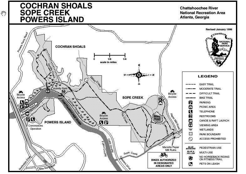 Map of Cochran Shoals, Sope Creek, and Powers Island in the Chattahoochee River National Recreation Area in Atlanta, Georgia. The map includes trail difficulty levels (easy, moderate, difficult), parking areas, picnic zones, and other amenities such as restrooms and bike access points. A scale bar and compass rose are also featured to assist with navigation. Sope Creek mountain bike trail.