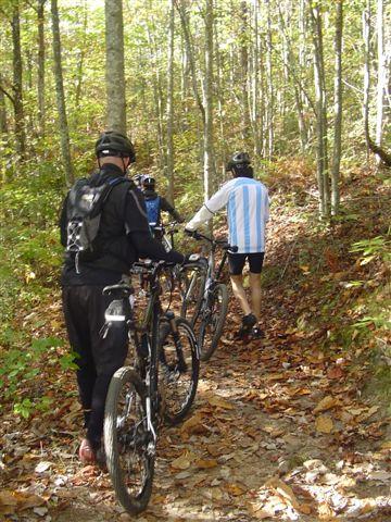 Three mountain bikers walking with their bicycles along a leafy trail in a forest, surrounded by trees with autumn foliage. The scene captures a moment of outdoor adventure, emphasizing the natural environment and the cyclists' engagement with the trail. Tanasi Trail System mountain bike trail.