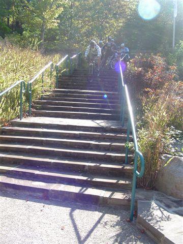 A group of three mountain bikers descending a set of stone stairs surrounded by greenery. The riders are wearing protective gear and appear to be navigating the stairs with skill and focus. Sunlight filters through the trees, creating a bright atmosphere. Tanasi Trail System mountain bike trail.