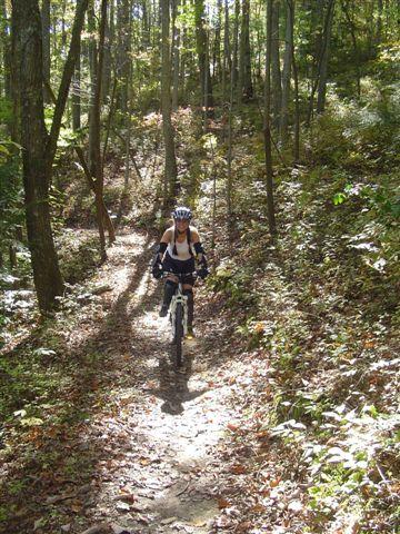 A person riding a mountain bike on a narrow, forested trail covered in fallen leaves, surrounded by tall trees in a sunlit setting. The cyclist is wearing a helmet and protective gear. Tanasi Trail System mountain bike trail.