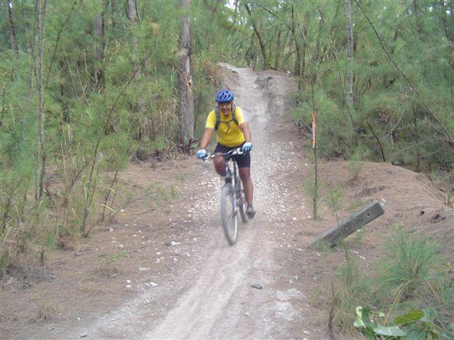 A person wearing a yellow shirt and a blue helmet rides a mountain bike along a dirt trail through a wooded area. The path is slightly inclined and bordered by green vegetation, with a mix of trees and scrub brush surrounding the trail. Oleta River State Park mountain bike trail.