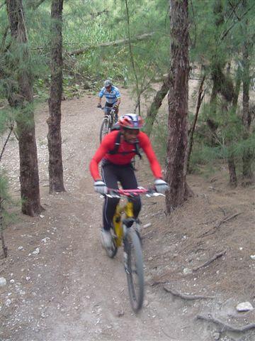 Two mountain bikers riding on a dirt trail surrounded by trees. One biker, wearing a red long-sleeve shirt and a helmet, is in the foreground, while the other biker, dressed in a blue jersey, follows behind in the background. The terrain is uneven, with soft earth and scattered rocks. Oleta River State Park mountain bike trail.