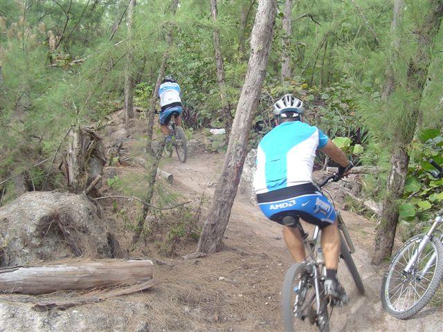 Two mountain bikers riding down a narrow dirt trail through a lush green forest. The path is lined with trees and rocks, showcasing a natural and rugged terrain. One biker is in the foreground, while the other is further ahead, both wearing blue and white cycling jerseys and helmets. A bicycle can also be seen parked nearby on the trail. Oleta River State Park mountain bike trail.