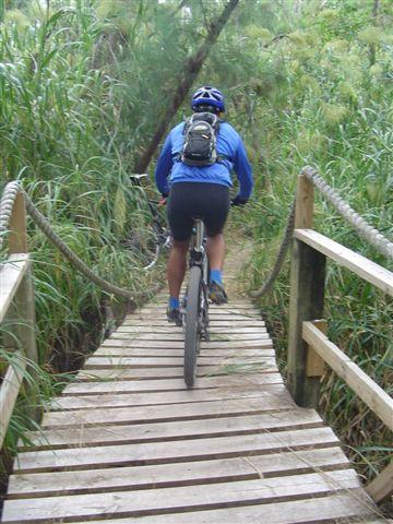 A mountain biker wearing a blue jacket and helmet is riding along a narrow wooden bridge surrounded by tall green grass and foliage. The scene is set in a natural environment, indicating an outdoor biking trail. Oleta River State Park mountain bike trail.