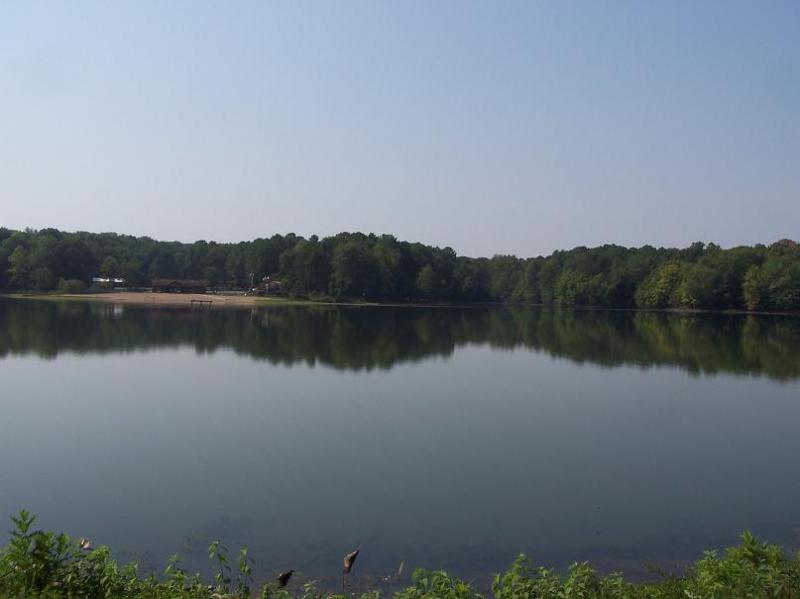 A serene lake surrounded by dense green trees under a clear blue sky, reflecting the landscape perfectly on its calm surface. In the background, a small sandy area and a building are partially visible along the shoreline. Scales Lake Park Trails mountain bike trail.