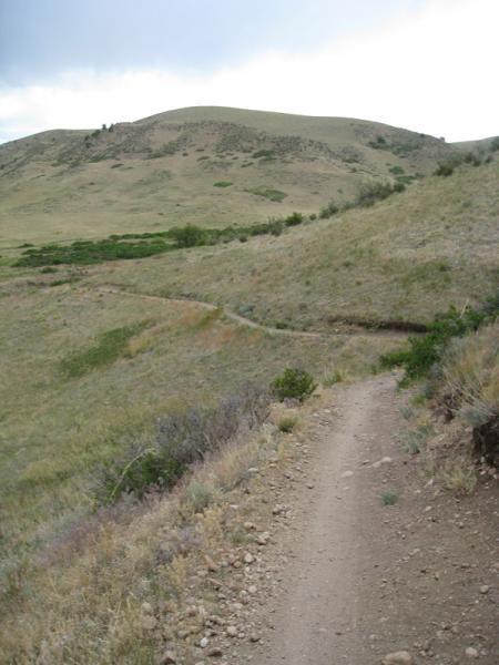 A winding dirt trail leads through a grassy landscape with rolling hills in the background, partially covered in shrubs and vegetation under a cloudy sky. Green Mountain mountain bike trail.