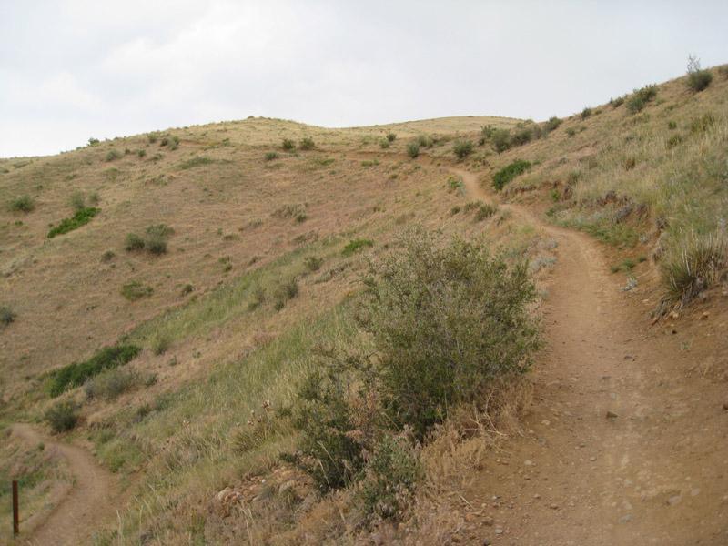 A winding dirt path leads through a grassy hillside, with gentle slopes and sparse vegetation under a partly cloudy sky. Green Mountain mountain bike trail.
