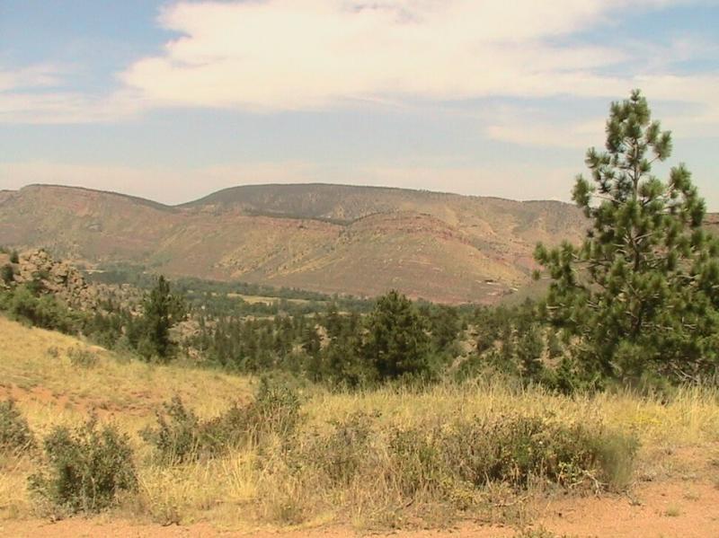 A scenic landscape featuring rolling hills and rocky terrain under a partly cloudy sky. In the foreground, green vegetation and trees blend with the dry grasses, while the distant hills display varying shades of brown and green. Hall Ranch mountain bike trail.