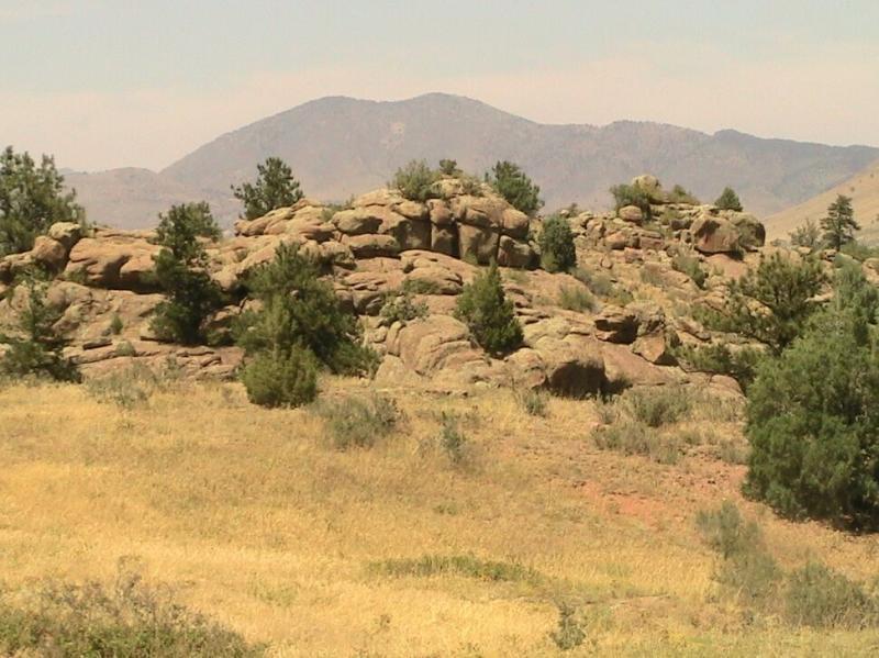 A rocky landscape featuring large boulders surrounded by grass and scattered pine trees, with rolling hills and a distant mountain range in the background under a clear blue sky. Hall Ranch mountain bike trail.