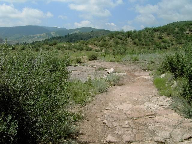 A rocky dirt path winds through a grassy landscape with low shrubs and rolling hills in the background under a partly cloudy sky. Hall Ranch mountain bike trail.
