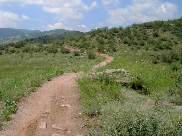 A winding dirt path leads through a grassy landscape with rolling hills and sparse vegetation under a partly cloudy sky. The trail is surrounded by green foliage and small rocks, inviting a sense of tranquility and exploration. Hall Ranch mountain bike trail.