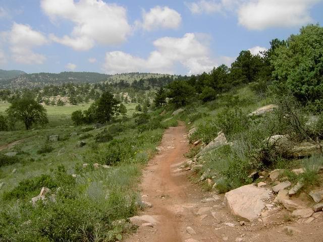 A dirt trail winds through a lush green landscape, surrounded by low shrubs and scattered rocky formations. In the background, rolling hills are dotted with trees under a partly cloudy blue sky. Hall Ranch mountain bike trail.