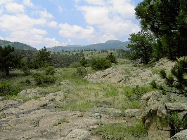 A scenic view of a rocky landscape featuring patches of grass and scattered pine trees, under a partly cloudy sky. The background shows rolling hills and distant mountains. Hall Ranch mountain bike trail.