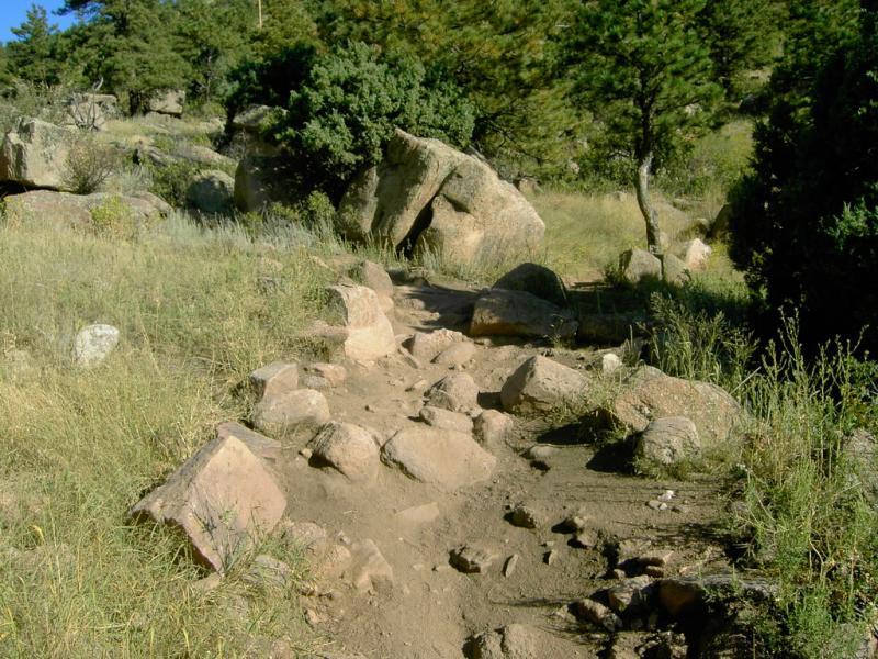 A dirt path winding through a rocky area, surrounded by tall grasses and scattered boulders, with trees in the background under a clear blue sky. Hall Ranch mountain bike trail.