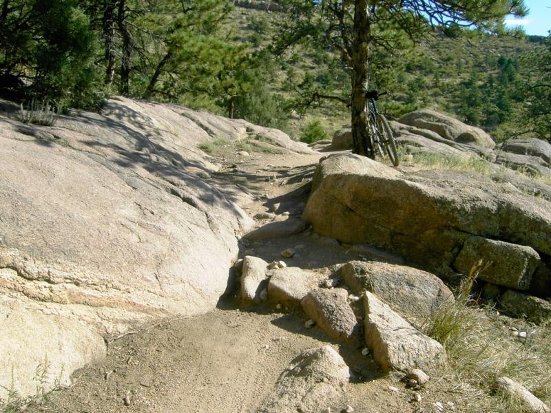 Rocky hiking or biking trail winding through a forested area, featuring large boulders and a tree, with a bicycle leaning against the tree. The ground is a mix of dirt and scattered rocks. Hall Ranch mountain bike trail.