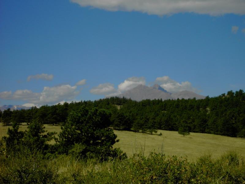 A panoramic view of rolling hills and a dense forest under a bright blue sky with scattered clouds, with a mountain range visible in the distance. Hall Ranch mountain bike trail.
