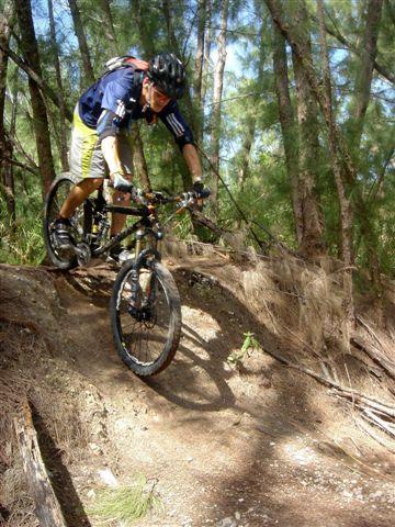 A mountain biker navigating a downhill trail surrounded by trees, focused and leaning forward over the handlebars of a black mountain bike. The terrain features dirt and roots, with sunlight filtering through the foliage above. Oleta River State Park mountain bike trail.