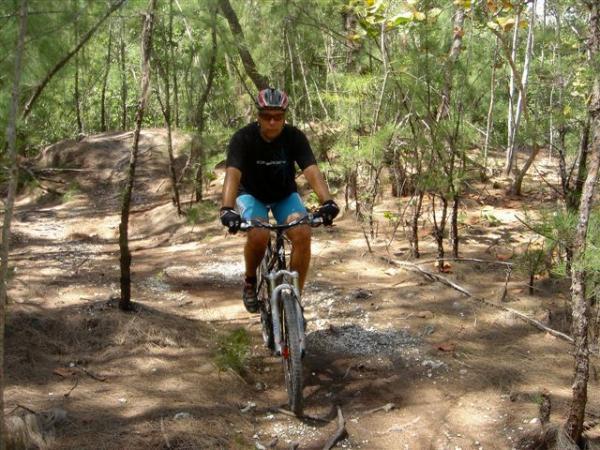 A person riding a mountain bike on a narrow trail surrounded by trees and underbrush, wearing a helmet, gloves, and casual sports attire. The trail features dirt and gravel with occasional rocky areas, indicating a rugged outdoor setting. Oleta River State Park mountain bike trail.
