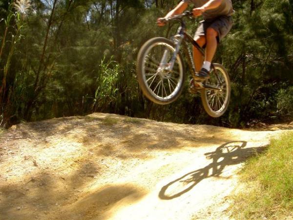 A person on a mountain bike jumping off a dirt ramp while surrounded by trees, casting a shadow on the ground. Oleta River State Park mountain bike trail.