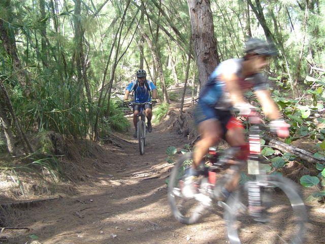 Two cyclists riding mountain bikes on a narrow dirt trail surrounded by trees and vegetation. One cyclist is in motion, appearing slightly blurred, while the other is further behind, actively pedaling. The scene conveys a sense of adventure and outdoor activity. Oleta River State Park mountain bike trail.