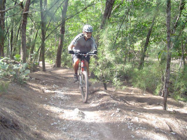 A mountain biker navigating a rugged dirt trail surrounded by trees and underbrush in a forest setting. The cyclist is wearing a helmet and athletic gear, focused on the path ahead. Sunlight filters through the foliage, creating a dappled effect on the ground. Oleta River State Park mountain bike trail.