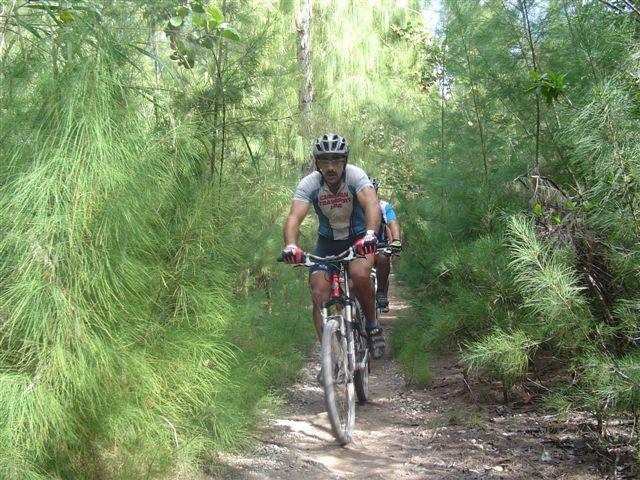 Two mountain bikers riding along a narrow trail surrounded by tall green foliage in a forested area. The lead biker is wearing a helmet and a short-sleeved shirt, while the second biker trails slightly behind. Sunlight filters through the trees above, illuminating the path. Oleta River State Park mountain bike trail.